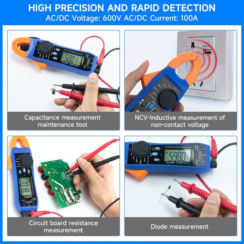 Owon Digital Clamp Meter Auto Range 20000 Counts AC/DC Resistance Capacitance Tester Multiple Measurement Functions NVC VFC Diode Overload Protection True RMS Multimeter CM2100B - Image 5